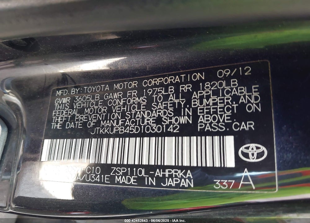 2013 SCION XD VIN: JTKKUPB45D1030142
