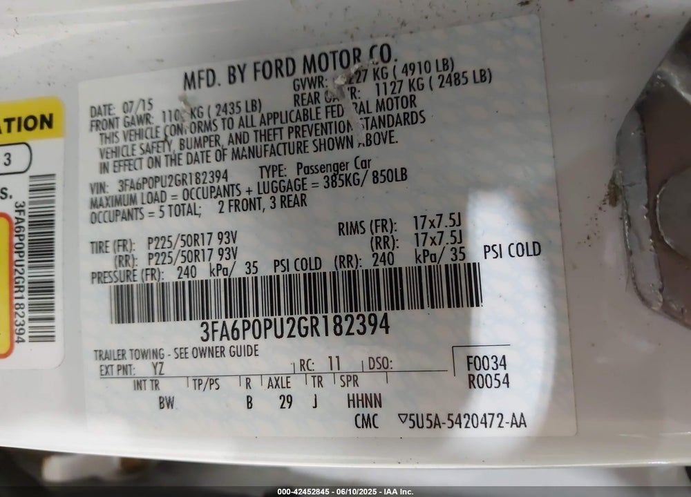 2016 FORD FUSION ENERGI VIN: 3FA6P0PU2GR182394
