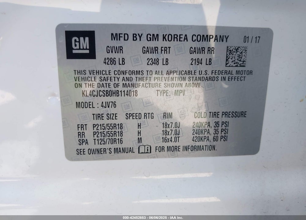 2017 BUICK ENCORE VIN: KL4CJCSB0HB114018