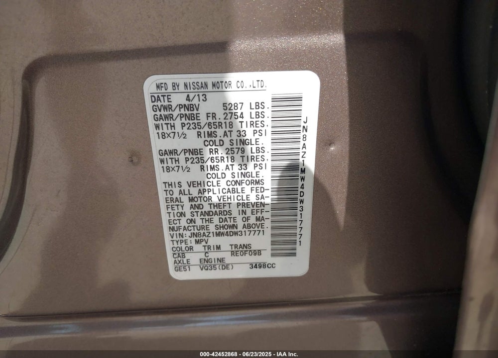 2013 NISSAN MURANO VIN: JN8AZ1MW4DW317771