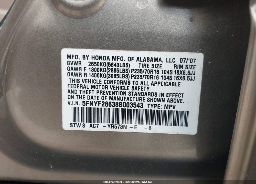2008 HONDA PILOT EX-L VIN: 5FNYF28638B003543