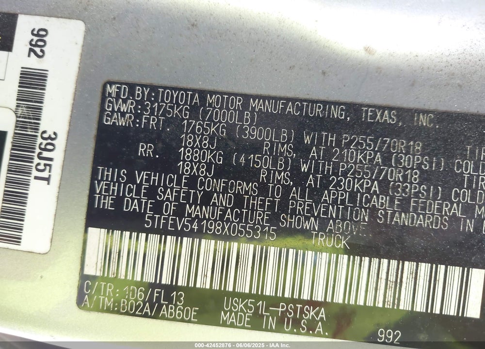 2008 TOYOTA TUNDRA VIN: 5TFEV54198X055315