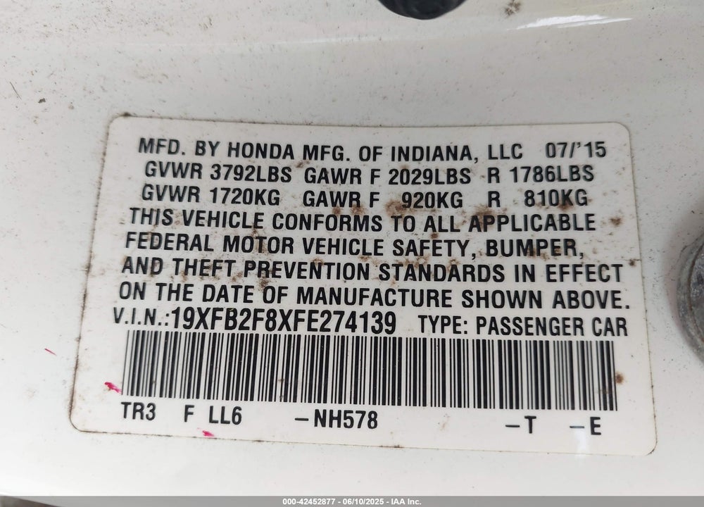 2015 HONDA CIVIC VIN: 19XFB2F8XFE274139