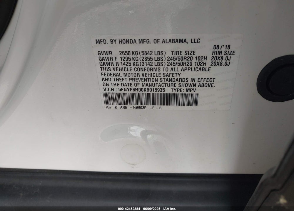 2019 HONDA PILOT VIN: 5FNYF6H00KB015935