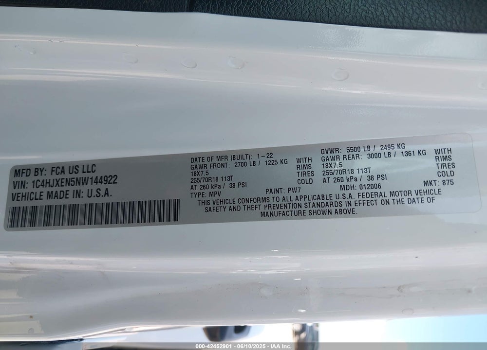 2022 JEEP WRANGLER UNLIMITED VIN: 1C4HJXEN5NW144922