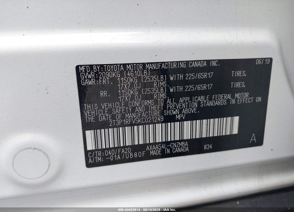 2019 TOYOTA RAV4 XLE VIN: 2T3P1RFV5KC021249