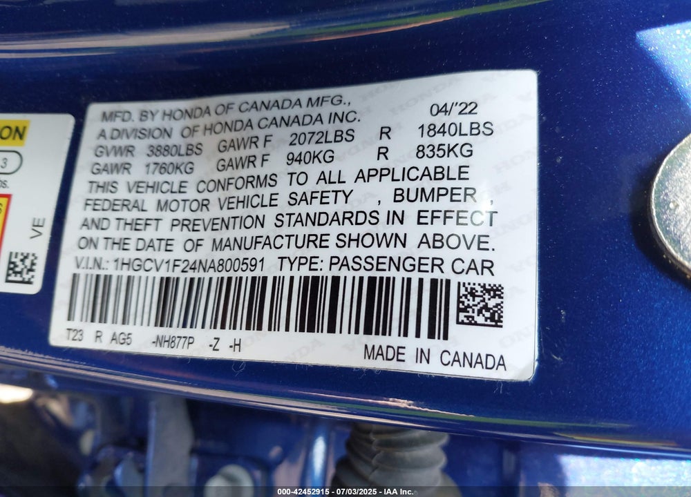 2022 HONDA ACCORD VIN: 1HGCV1F38NA077059