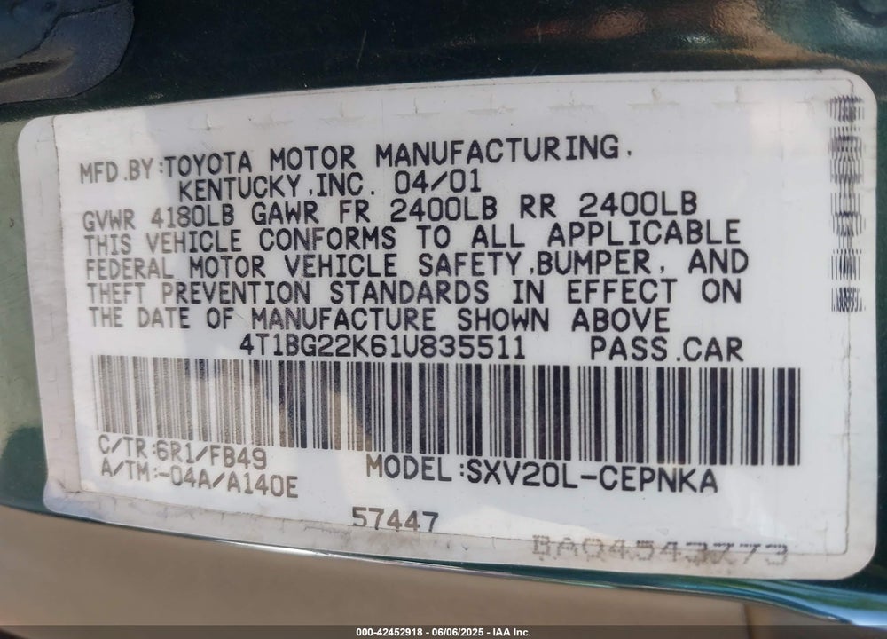 2001 TOYOTA CAMRY LE VIN: 4T1BG22K61U835511