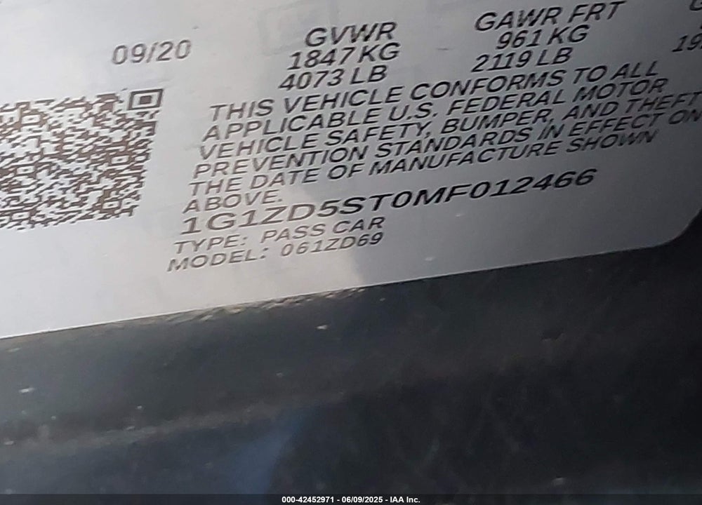 2021 CHEVROLET MALIBU VIN: 1G1ZD5ST0MF012466