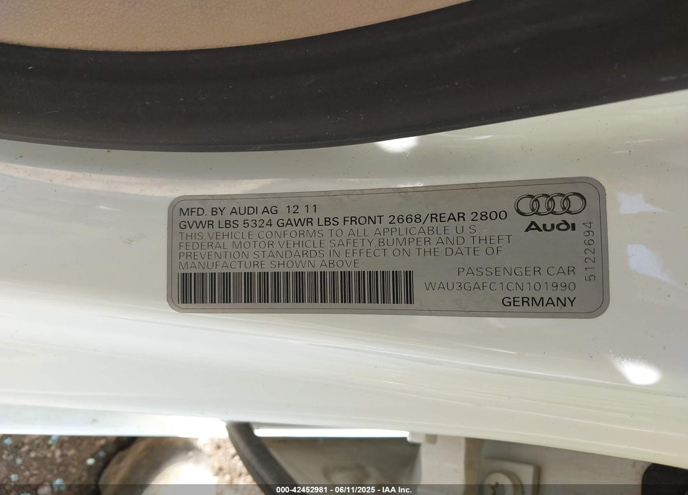 2012 AUDI A7 VIN: WAU3GAFC1CN101990