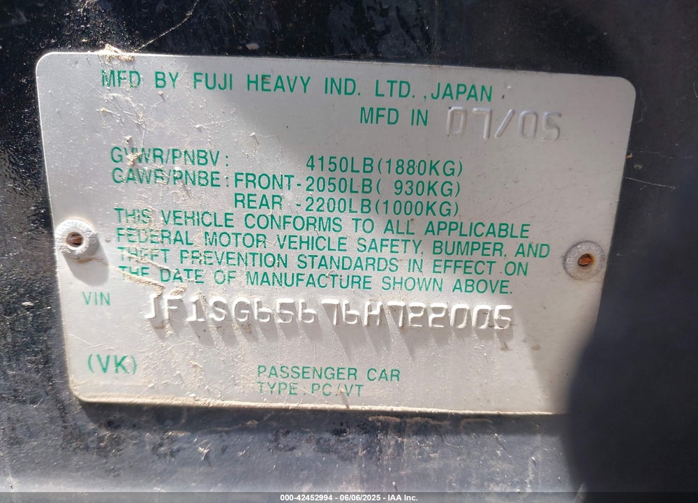2006 SUBARU FORESTER 2.5X VIN: JF1SG65676H722005