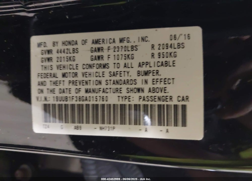 2016 ACURA TLX VIN: 19UUB1F38GA015760