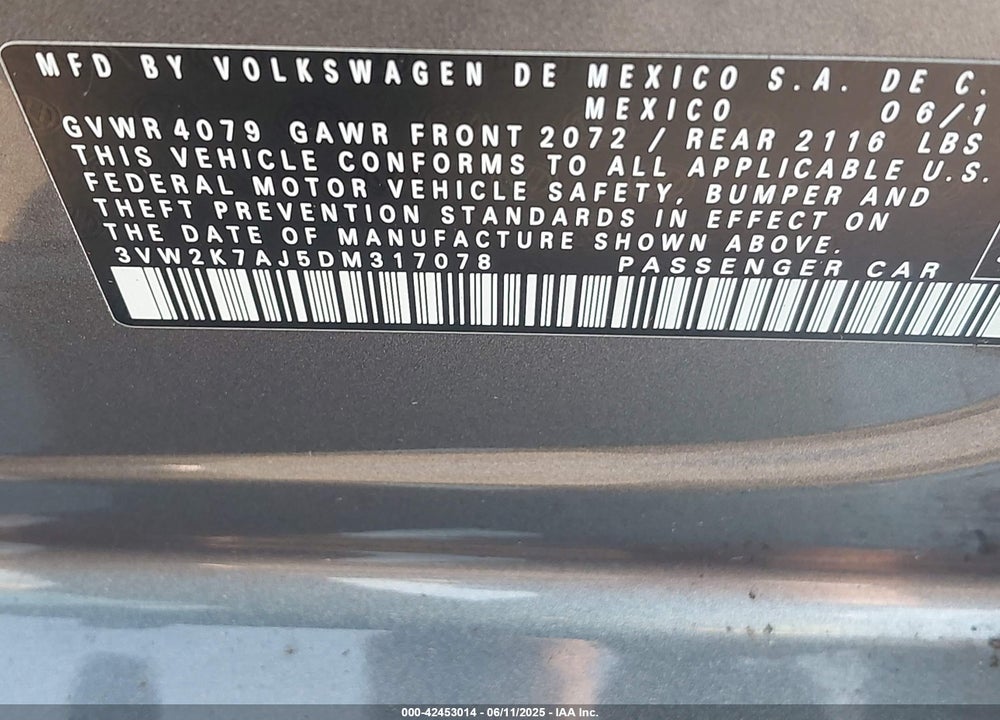 2013 VOLKSWAGEN JETTA 2.0L S VIN: 3VW2K7AJ5DM317078