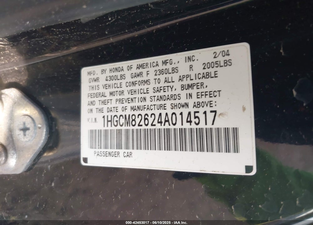 2004 HONDA ACCORD 3.0 EX VIN: 1HGCM82624A014517