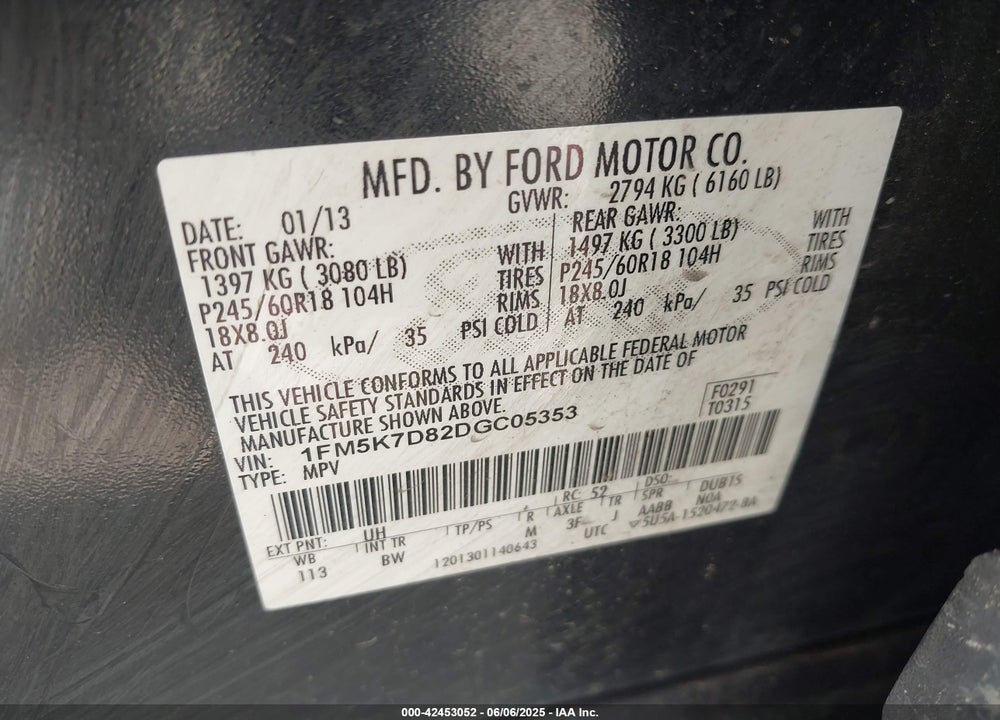 2013 FORD EXPLORER XLT VIN: 1FM5K7D82DGC05353