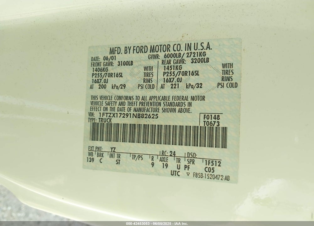 2001 FORD F-150 XL/XLT VIN: 1FTZX17291NB82625