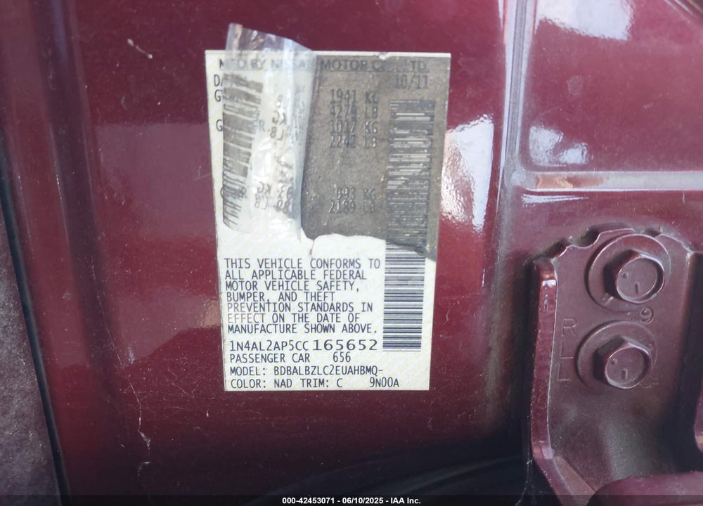 2012 NISSAN ALTIMA VIN: 1N4AL2AP5CC165652