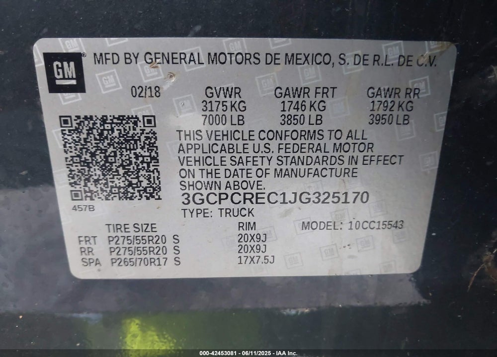 2018 CHEVROLET SILVERADO 1500 VIN: 3GCPCREC1JG325170