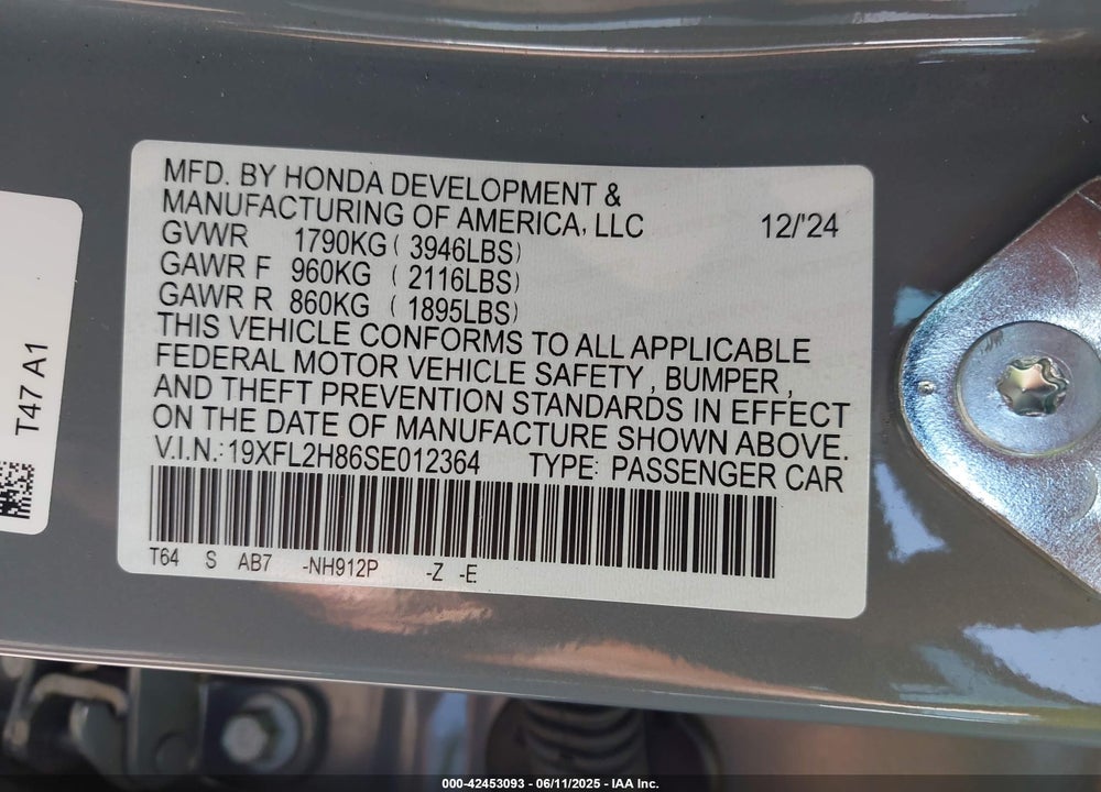 2025 HONDA CIVIC VIN: 19XFL2H86SE012364