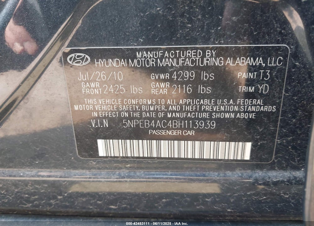 2011 HYUNDAI SONATA VIN: 5NPEB4AC4BH113939