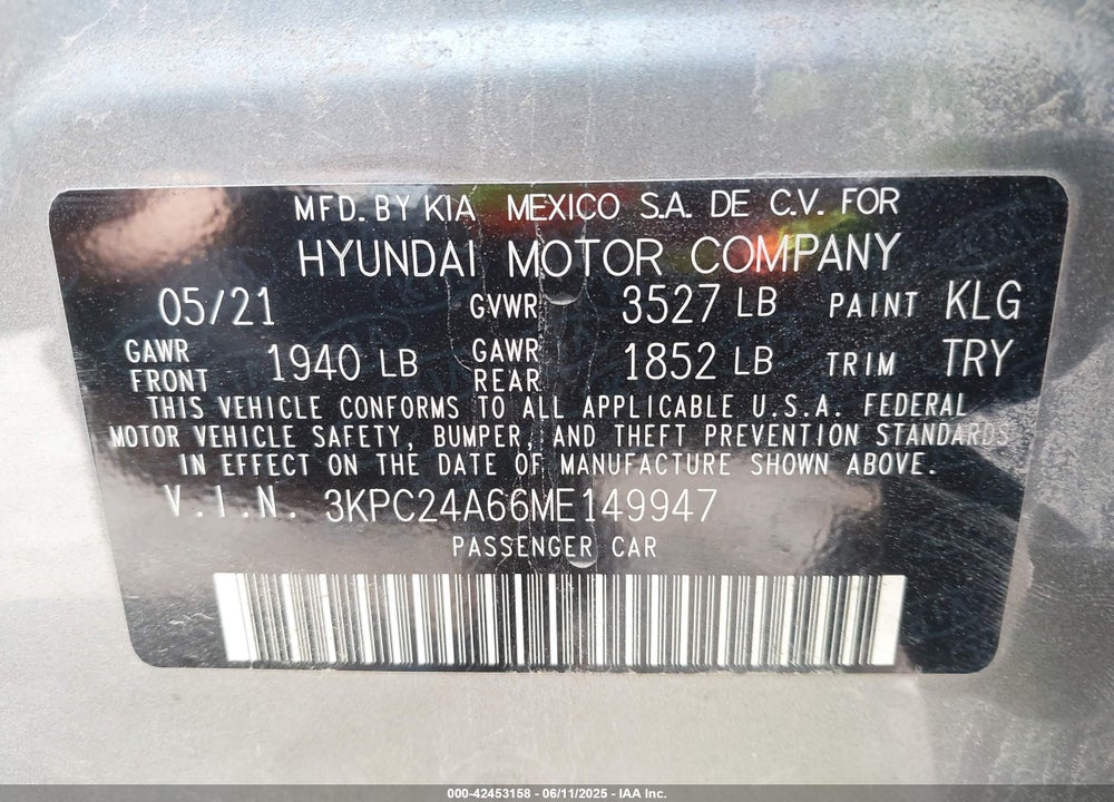 2021 HYUNDAI ACCENT VIN: 3KPC24A66ME149947