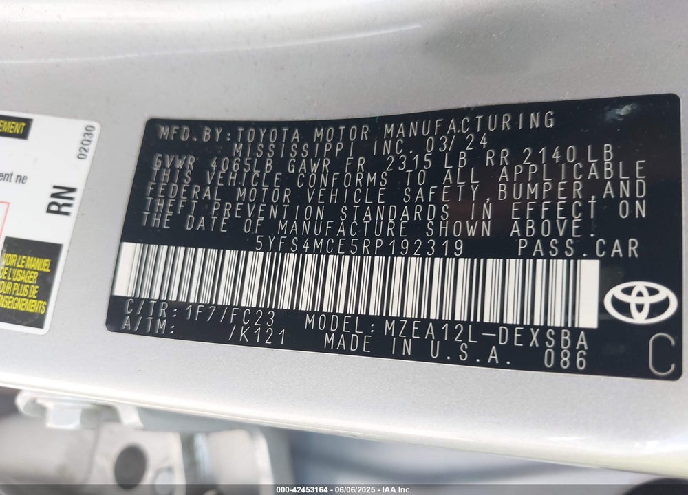 2024 TOYOTA COROLLA VIN: 5YFS4MCE5RP192319