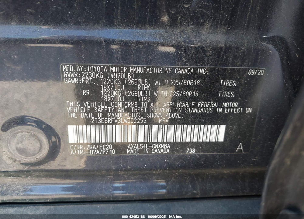 2020 TOYOTA RAV4 VIN: 2T3E6RFV3LW002255