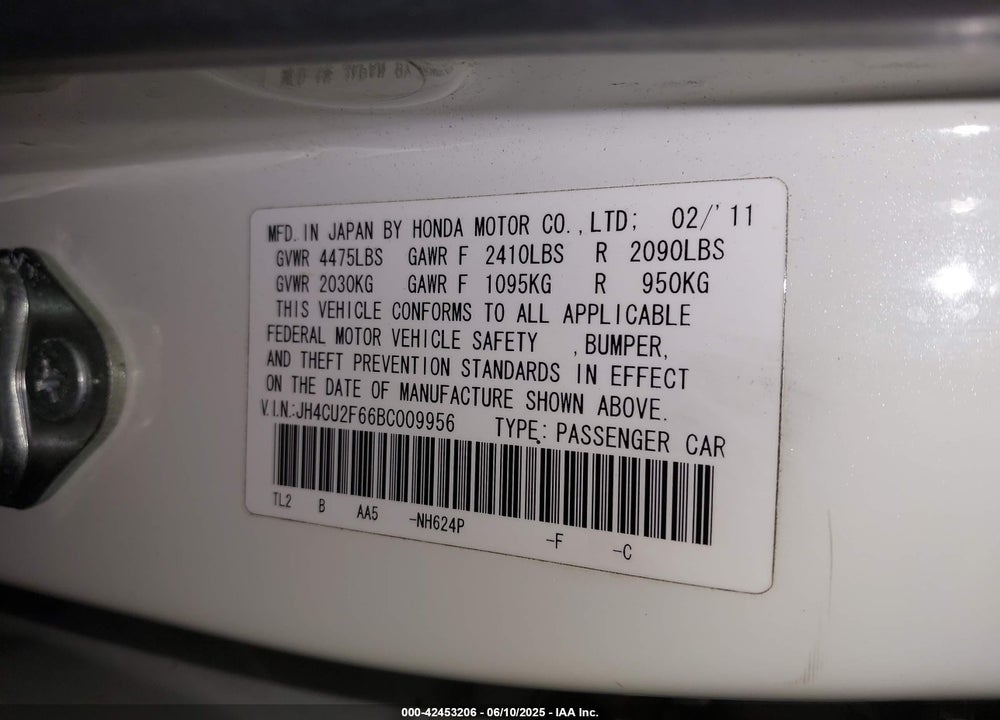 2011 ACURA TSX 2.4 VIN: JH4CU2F66BC009956