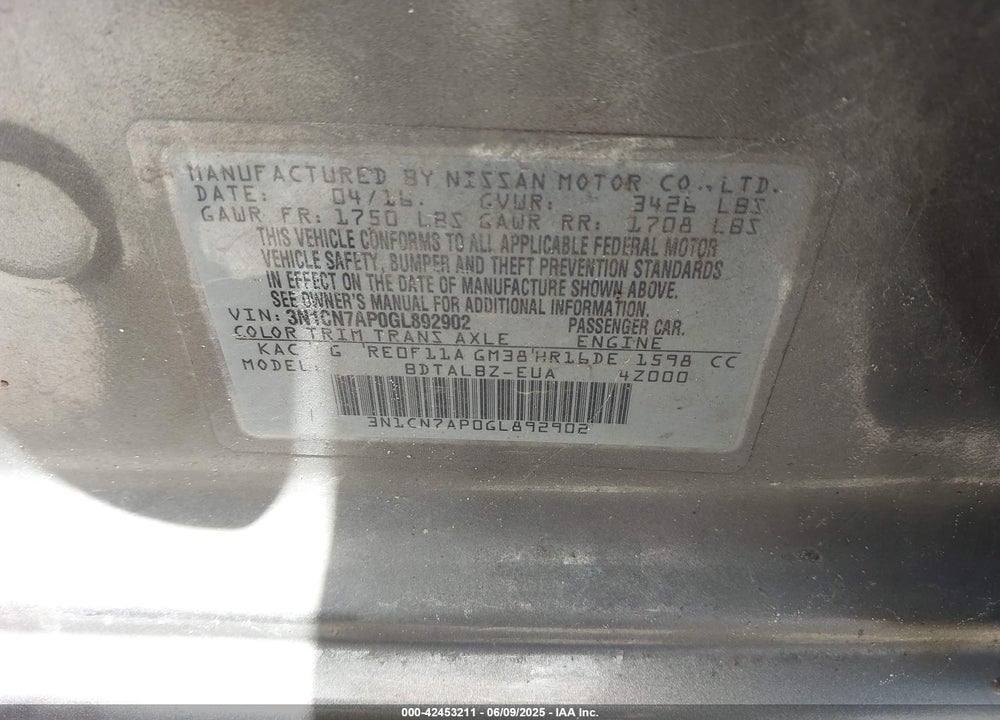 2016 NISSAN VERSA VIN: 3N1CN7AP0GL892902