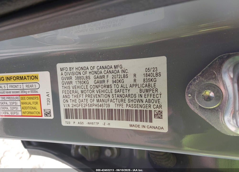 2023 HONDA CIVIC SPORT VIN: 2HGFE2F5XPH546709