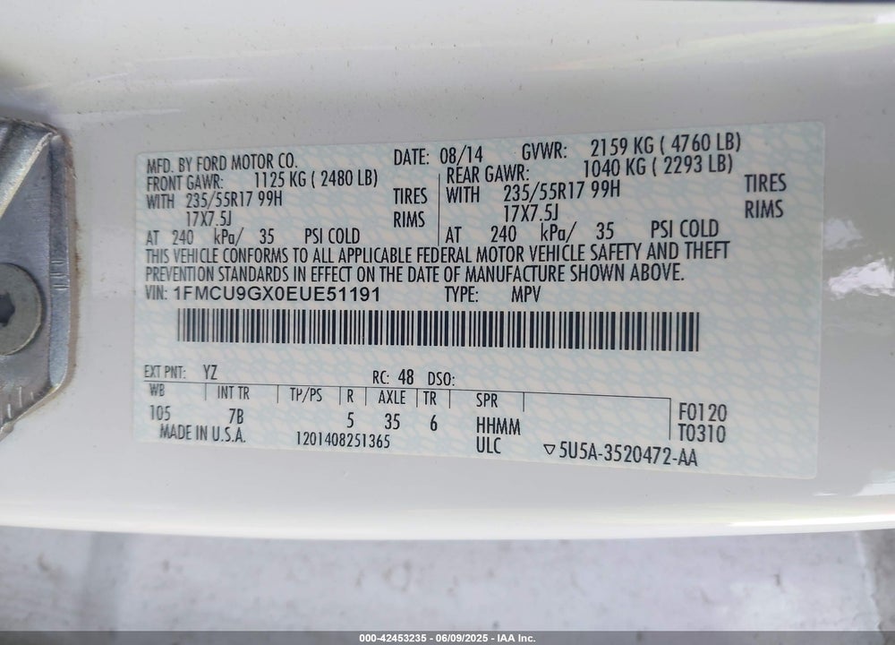 2014 FORD ESCAPE VIN: 1FMCU9GX0EUE51191