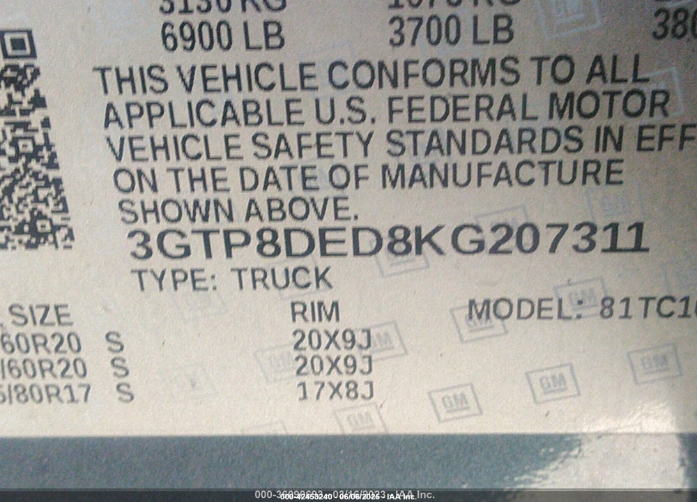 2019 GMC SIERRA 1500 SLT VIN: 3GTP8DED8KG207311