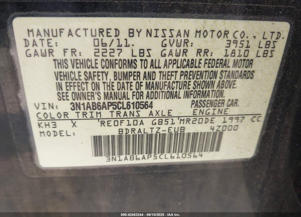 2012 NISSAN SENTRA VIN: 3N1AB6AP5CL610564