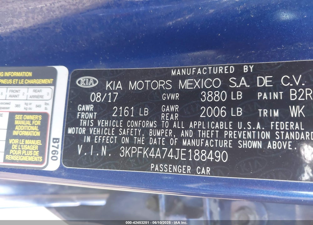 2018 KIA FORTE VIN: 3KPFK4A74JE188490