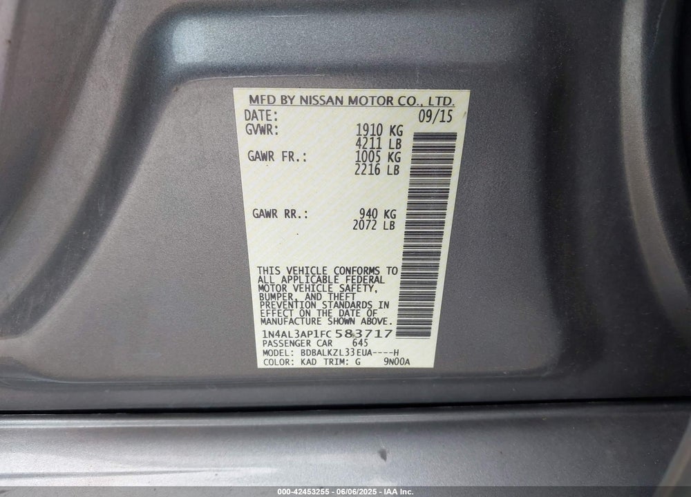 2015 NISSAN ALTIMA 2.5 SV VIN: 1N4AL3AP1FC583717