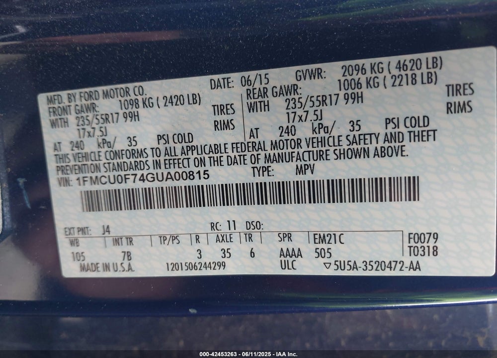 2016 FORD ESCAPE VIN: 1FMCU0F74GUA00815