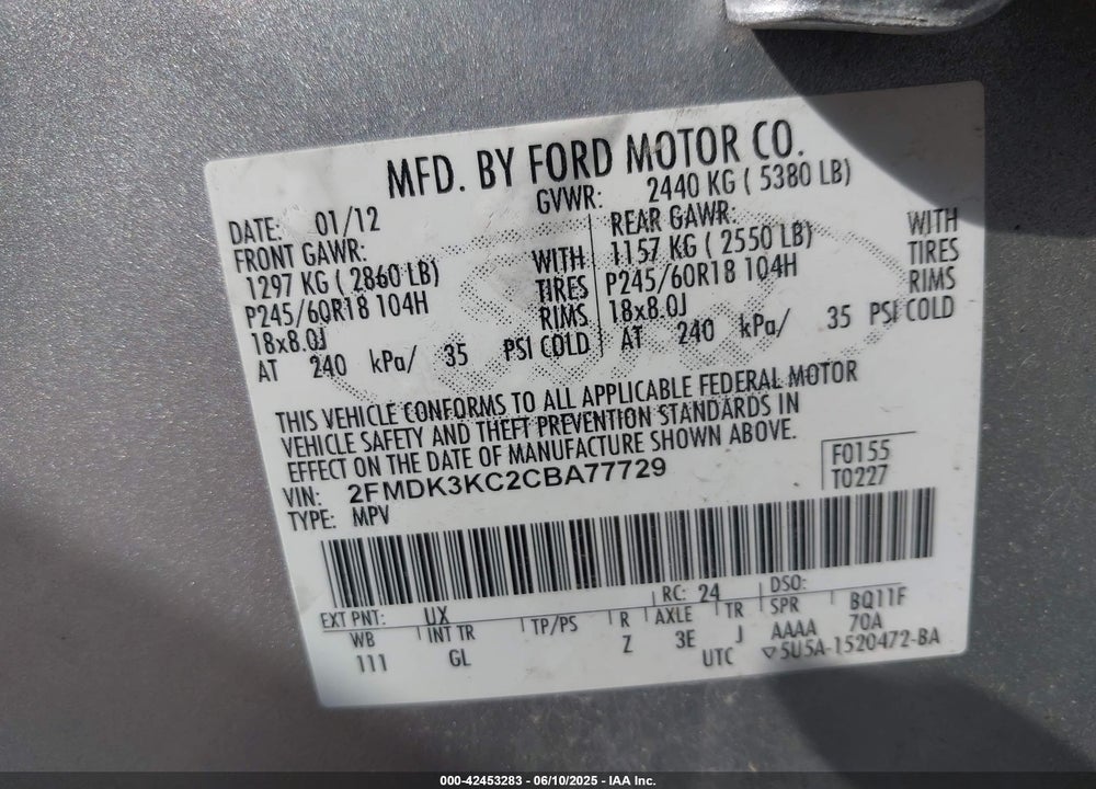 2012 FORD EDGE VIN: 2FMDK3KC2CBA77729