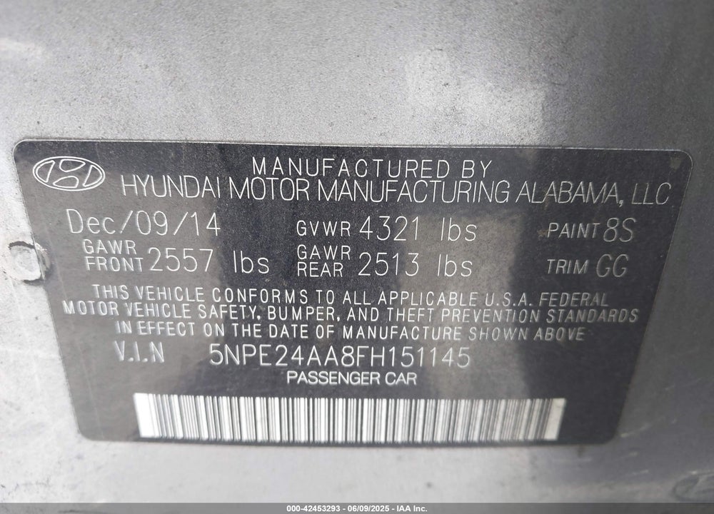 2015 HYUNDAI SONATA VIN: 5NPE24AA8FH151145