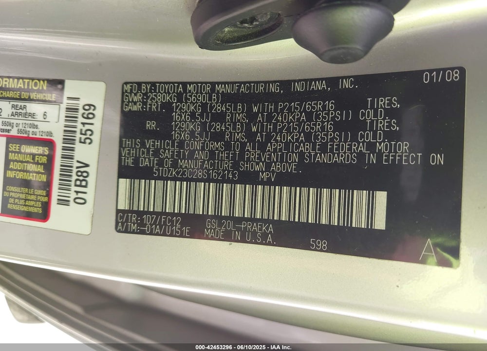 2008 TOYOTA SIENNA LE VIN: 5TDZK23C28S162143