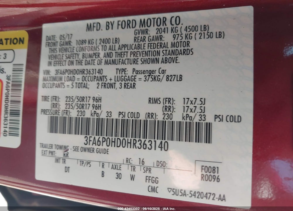 2017 FORD FUSION VIN: 3FA6P0HD0HR363140