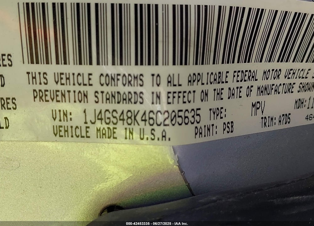 2006 JEEP GRAND CHEROKEE VIN: 1J4GS48K46C205635