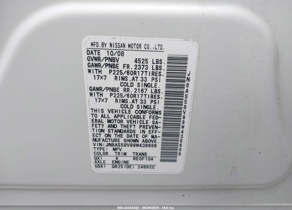 2009 NISSAN ROGUE VIN: JN8AS58V99W438686