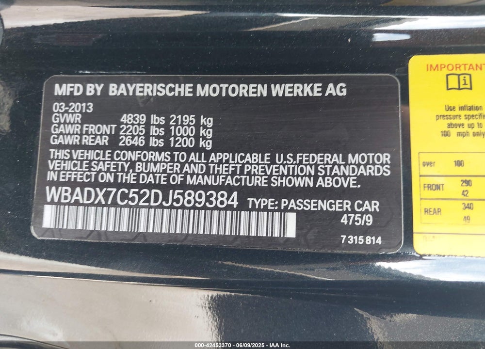 2013 BMW 335I VIN: WBADX7C52DJ589384