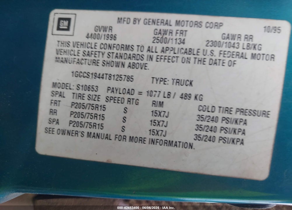 1996 CHEVROLET S TRUCK S10 VIN: 1GCCS1944T8125785