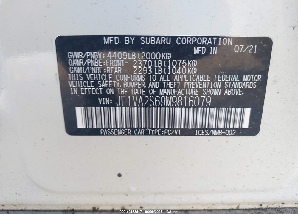 2021 SUBARU WRX STI VIN: JF1VA2S69M9816079
