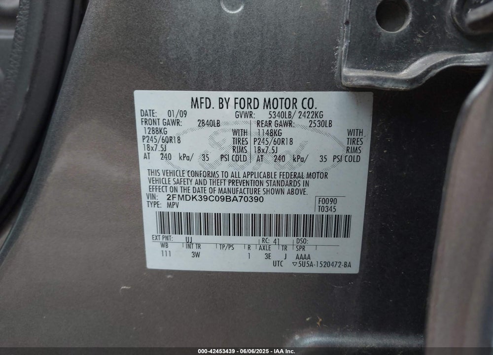 2009 FORD EDGE VIN: 2FMDK39C09BA70390