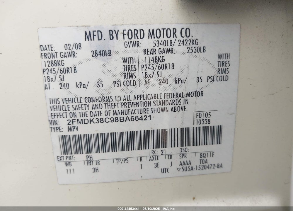 2008 FORD EDGE VIN: 2FMDK38C98BA66421