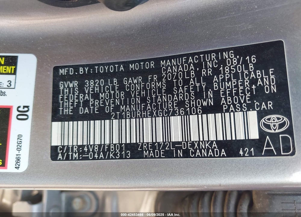2016 TOYOTA COROLLA LE VIN: 2T1BURHEXGC736106