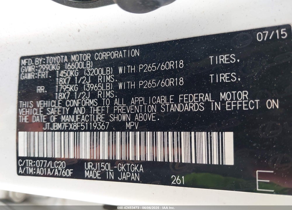 2015 LEXUS GX 460 VIN: JTJBM7FX8F5119367