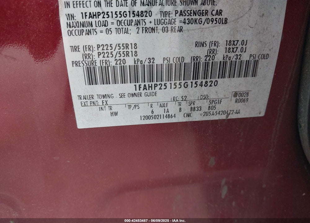 2005 FORD FIVE HUNDRED LIMITED VIN: 1FAHP25155G154820